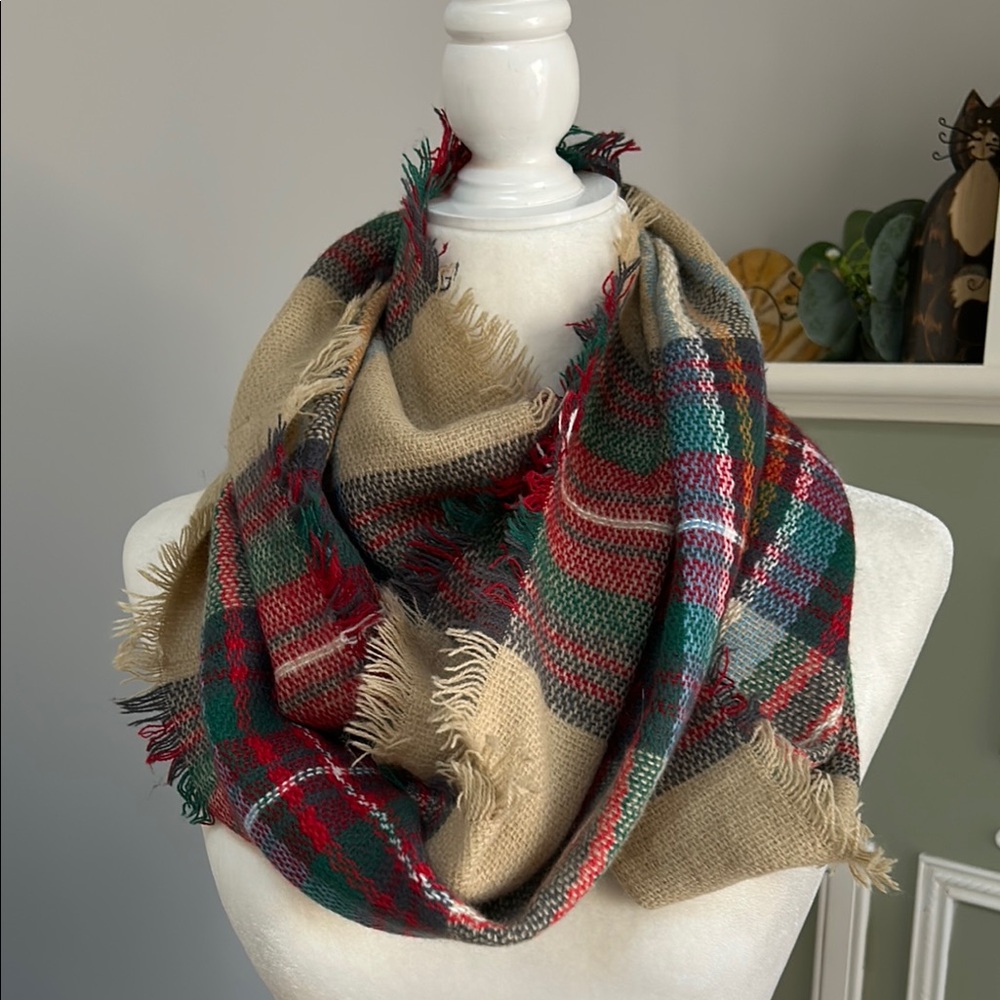 Plaid Fringe Infinity Scarf in Red and Green
